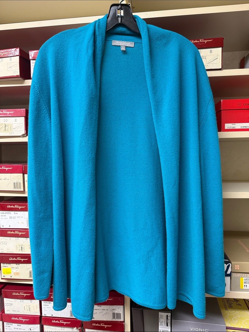 Neiman Marcus teal cashmere basic open cardigan